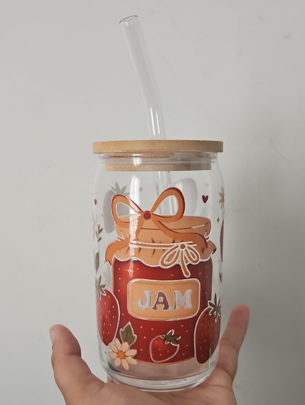 Strawberry Jam Glass Tumbler with Bamboo Lid & Straw